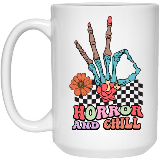 Horror And Chill, Skeleton Hand, Okay Sign, Groovy Skeleton White Mug