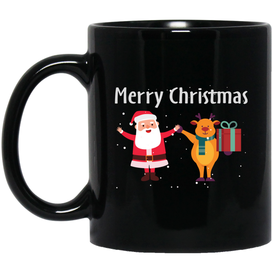 Merry Christmas, Funny Santa, Funny Reindeer, Winter Season Black Mug