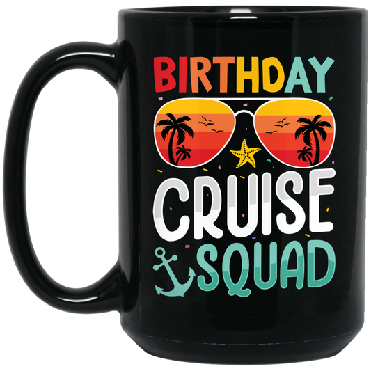 Birthday Cruise Squad, Retro Beach, Retro Birthday Black Mug