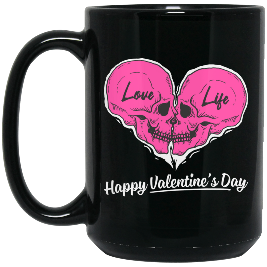 Love Life, Happy Valentine's Day, Skull In Heart Shape, Trendy Valentine Black Mug