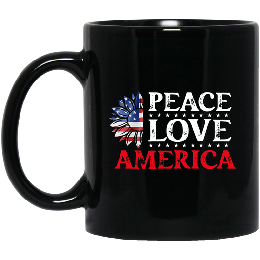 Peace Love American, American Flag, American Sunflower Black Mug