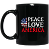 Peace Love American, American Flag, American Sunflower Black Mug