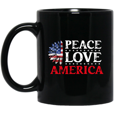 Peace Love American, American Flag, American Sunflower Black Mug