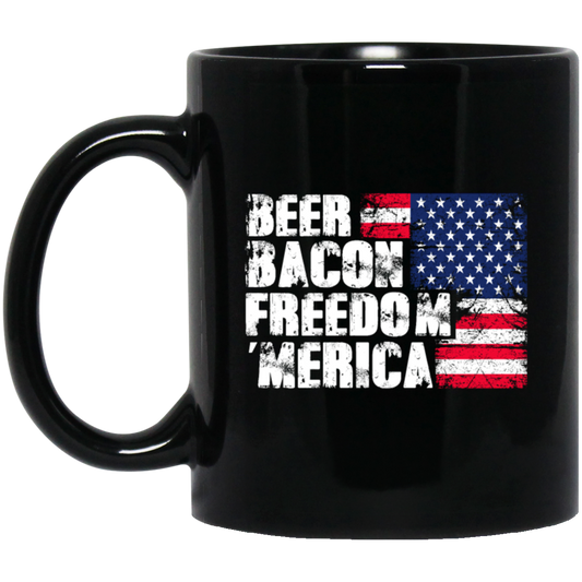 Beer Gift, Bacon Lover, Freedom Gift, American Flag, Love Bacon Gift Black Mug