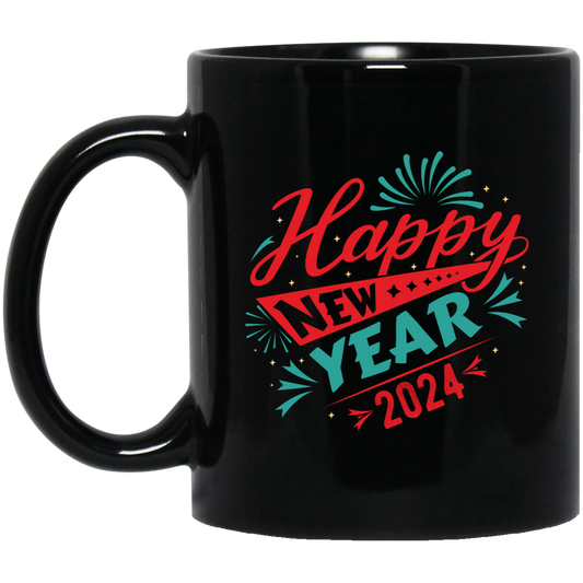 Happy New Year 2024, Happy New Year, Fireworks New Year Black Mug