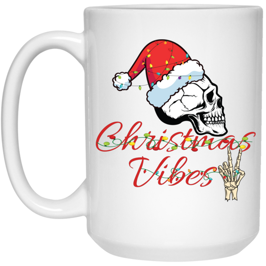 Christmas Vibes, Skull In Christmas, Skull Wear Christmas Hat, Merry Christmas, Trendy Christmas White Mug