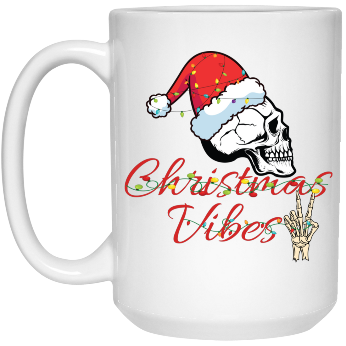 Christmas Vibes, Skull In Christmas, Skull Wear Christmas Hat, Merry Christmas, Trendy Christmas White Mug