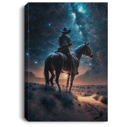 Western Cowboy Riding His Horse At Night, Under The Milky Way Galaxy On Desert Canvas