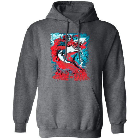 Fight Shark Vs Zombie, Zombie Fight Shark, Horror Gift, Scare Zombie Pullover Hoodie