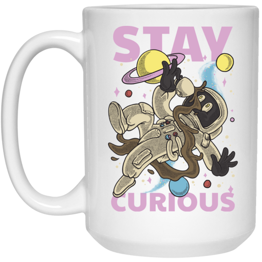 Astronaut Holding A Coffee Cup, Retro Astronaut, Stay Curious White Mug