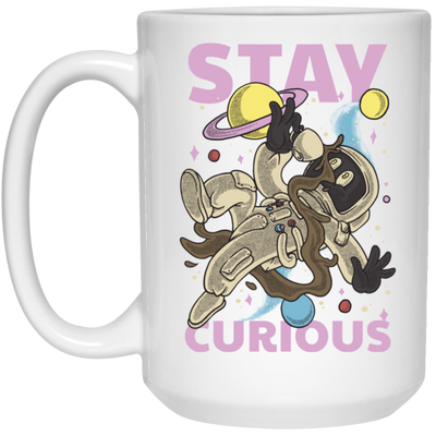 Astronaut Holding A Coffee Cup, Retro Astronaut, Stay Curious White Mug