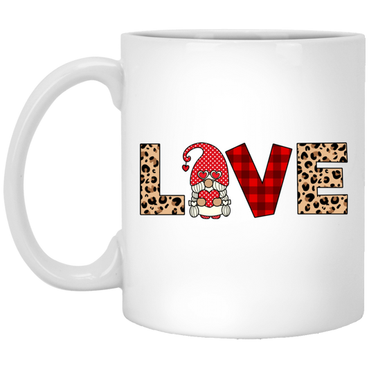 Love Text Design, Red Gnome, Leopard Pattern, Valentine's Day, Trendy Valentine White Mug