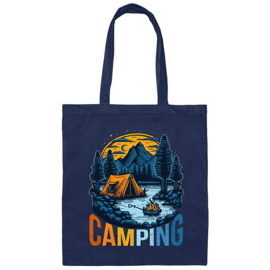 Camping In A Forest, Camping On Lake With Mountain, Retro Style Canvas Tote Bag