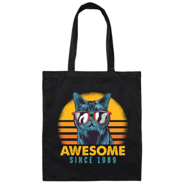 1989 Birthday Gift, Cat Lover Gift, Awesome Since 1989, Retro Cat Gift Canvas Tote Bag