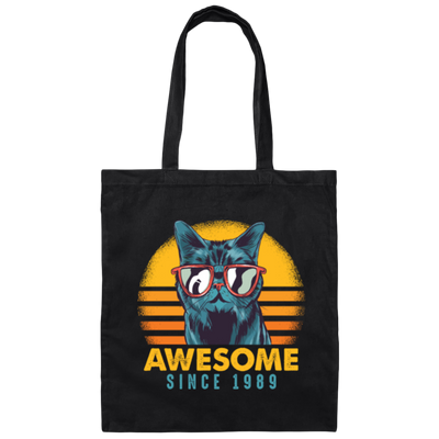 1989 Birthday Gift, Cat Lover Gift, Awesome Since 1989, Retro Cat Gift Canvas Tote Bag