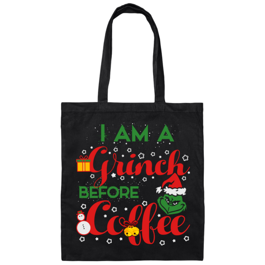 I Am A Grinch Before Coffee, Grinch Face, Green Grinch, Trendy Halloween Canvas Tote Bag