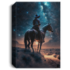Western Cowboy Riding His Horse At Night, Under The Milky Way Galaxy On Desert Canvas