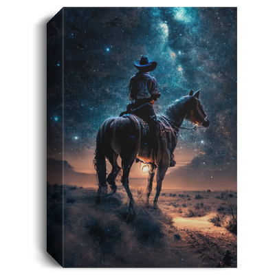 Western Cowboy Riding His Horse At Night, Under The Milky Way Galaxy On Desert Canvas