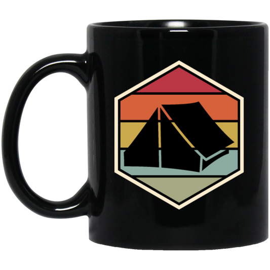 Tent Vintage, Retro Hexagon, Camping Motif With Tent Silhouette, Camp With Family Black Mug
