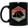 Tent Vintage, Retro Hexagon, Camping Motif With Tent Silhouette, Camp With Family Black Mug