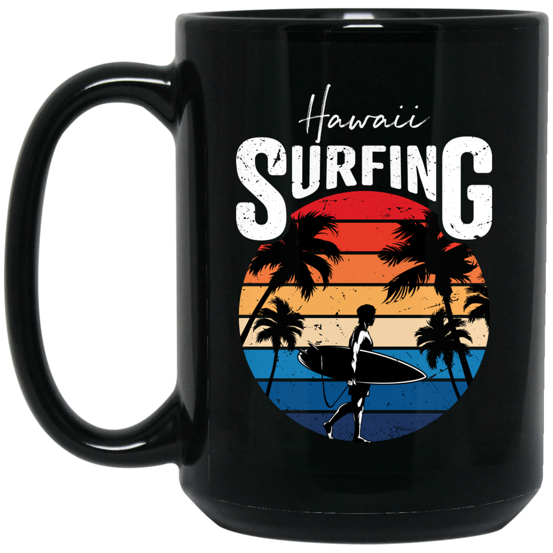 Hawaii Surfing, Retro Beach, Surfing Beach Vintage Black Mug