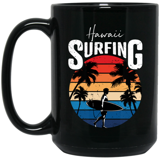 Hawaii Surfing, Retro Beach, Surfing Beach Vintage Black Mug