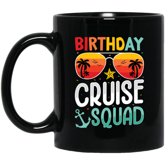 Birthday Cruise Squad, Retro Beach, Retro Birthday Black Mug