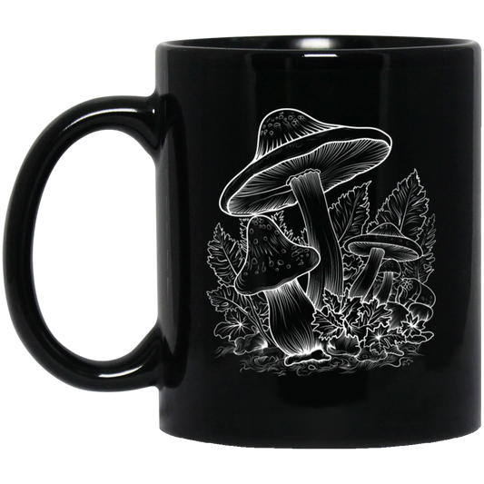 Aesthetic Mushroom, Cottagecore Design, Mushroom Lineart white Black Mug