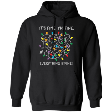 This pullover hoodie features a comfortable fit and a soft fabric made from a blend of cotton and polyester. It is designed with a modern cut and the print "It's Fine, I'm Fine, Everything Is Fine" in bold lettering. Get ready to slip into comfort with this stylish hoodie.