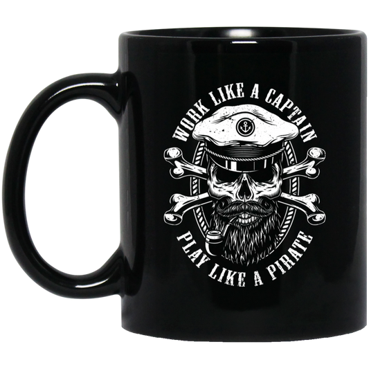 Work Like A Captain, Play Like A Pirate, Retro Pirate Silhouette Black Mug