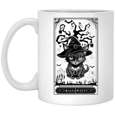 Halloween Card, Tarot Card, Cat Wear Witch Hat White Mug