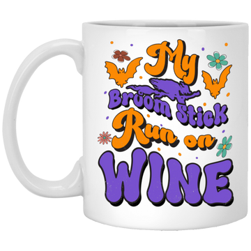 Fly Broom Stick, Run On Wine, Halloween's Day White Mug