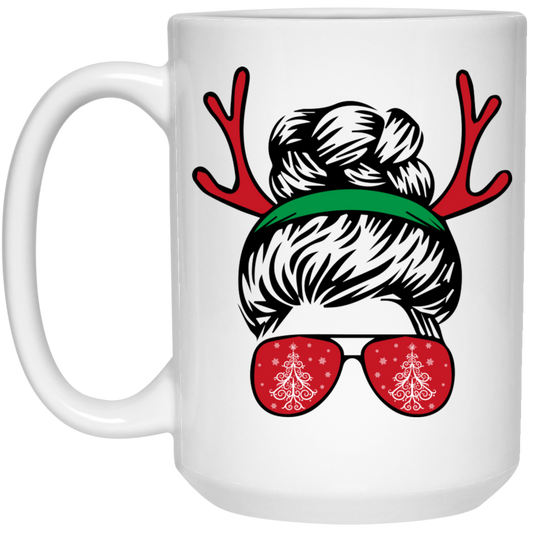 Messy Bun Girl, Girl With Deer Horn, Christmas Tree In Glasses, Merry Christmas, Trendy Chrismas White Mug