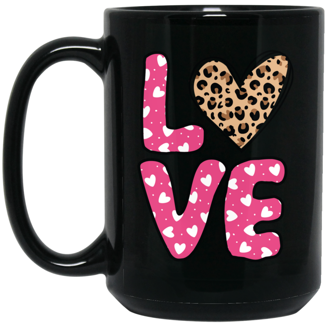 Love Heart Design, Leopard Pattern, Valentine's Day Black Mug