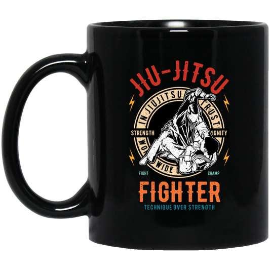 In Jiu Jitsu We Trust World Wide, Fighter Strength, Dignity Champ, Fighter Technique, Strength Combat Sport Black Mug
