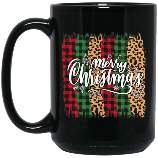 Plaid Pattern, Retro Christmas, Leopard Christmas, Merry Christmas, Trendy Christmas Black Mug