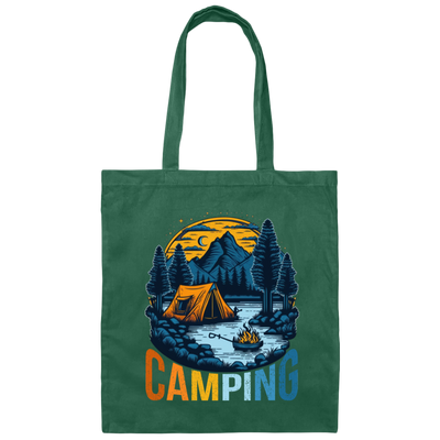 Camping In A Forest, Camping On Lake With Mountain, Retro Style Canvas Tote Bag