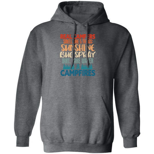 Campers Gift, Real Campers, Smell Like 5 Things, Retro Camping Quote Pullover Hoodie