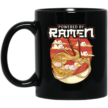 Cute Japanese Noodle Gift, Funny Anime Gift, Kawaii Powered By Ramen Black Mug