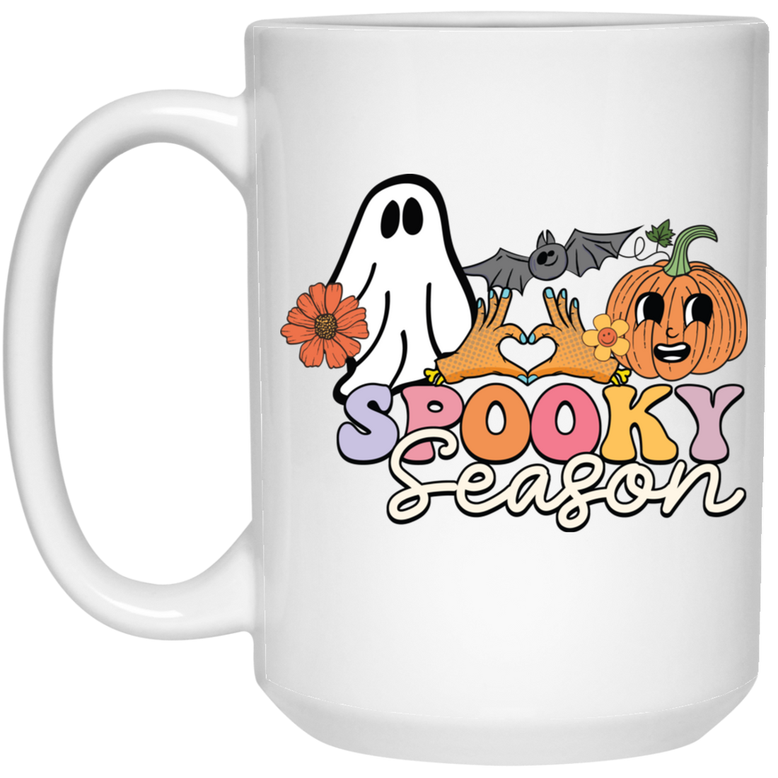 Spooky Season, Groovy Halloween, Boo And Bat White Mug