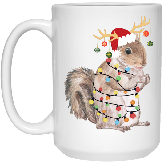 Squirrel Christmas, Merry Christmas, Christmas Lights, Funny Squirrel White Mug