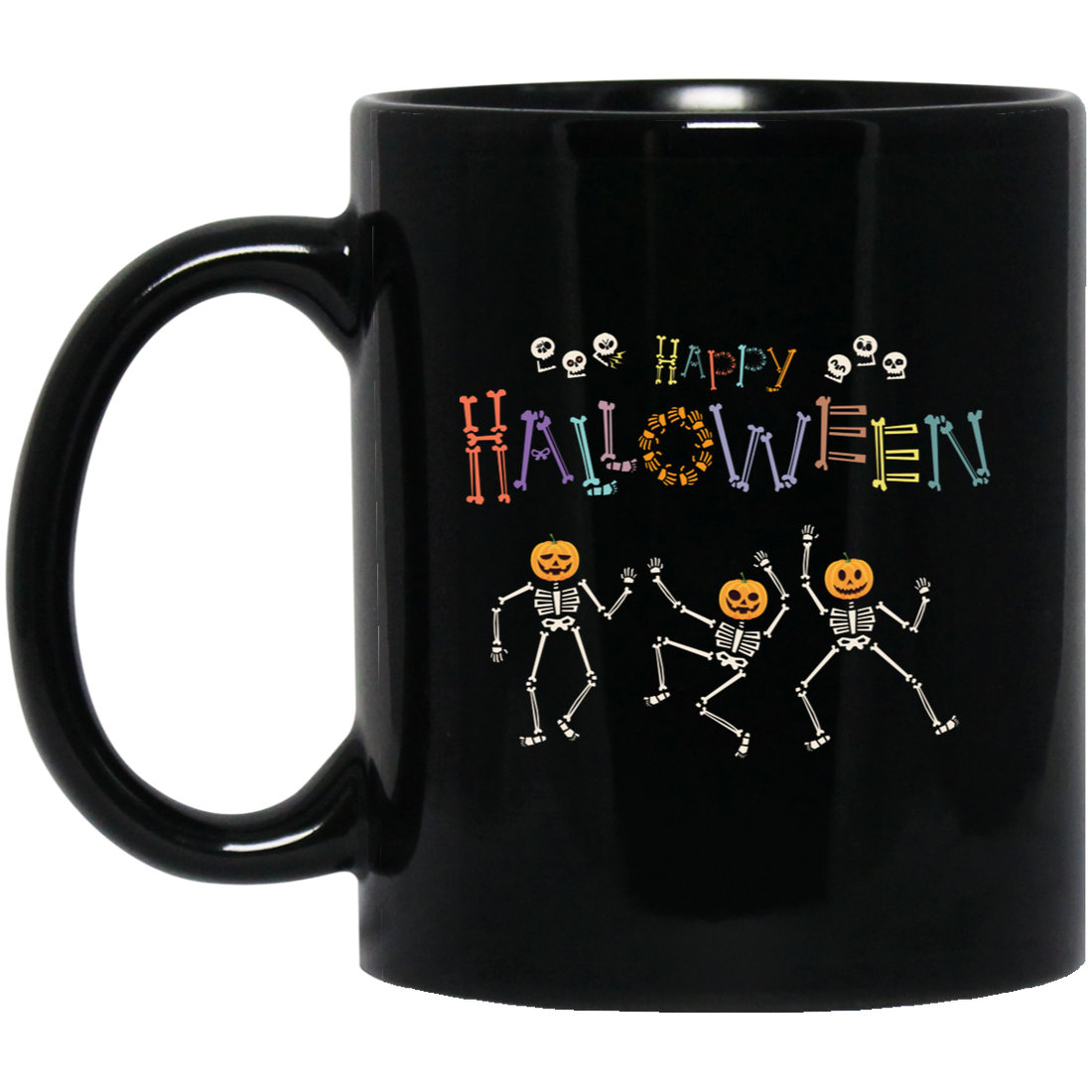 This Halloween, gift your loved ones the Happy Halloween, Skeleton Dancing, Funny Halloween Black Mug. Enjoy a fun and festive holiday with this mug featuring a skeleton dancing a jig – perfect for those who enjoy a good scare! Great for hot or cold beverages, the mug is both durable and dishwasher safe.
