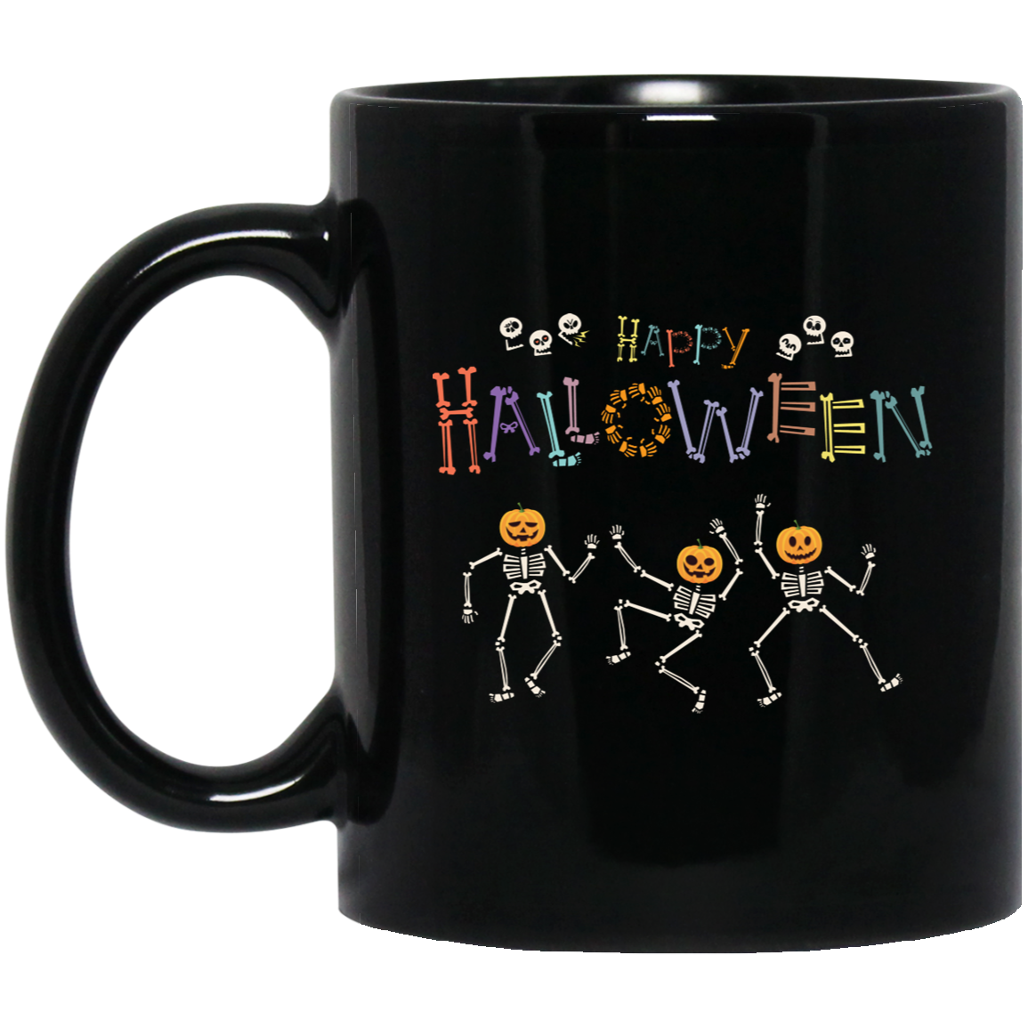 This Halloween, gift your loved ones the Happy Halloween, Skeleton Dancing, Funny Halloween Black Mug. Enjoy a fun and festive holiday with this mug featuring a skeleton dancing a jig – perfect for those who enjoy a good scare! Great for hot or cold beverages, the mug is both durable and dishwasher safe.