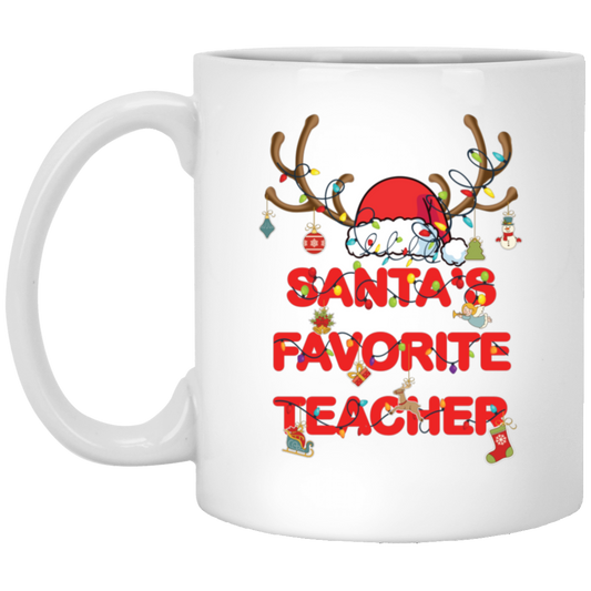 Santa Favorite Teacher, Santa Teacher, Funny Santa, Deer Santa White Mug