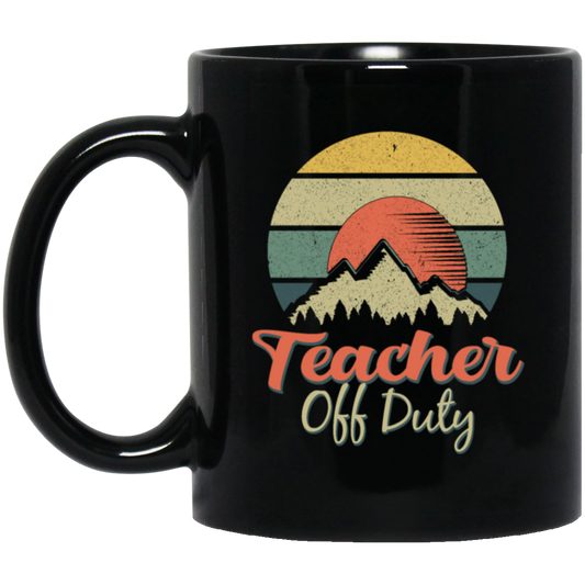 Retro Mountain, Sunset Vintage, Teacher Off Duty, Summer Mountainscape Sunrise Black Mug