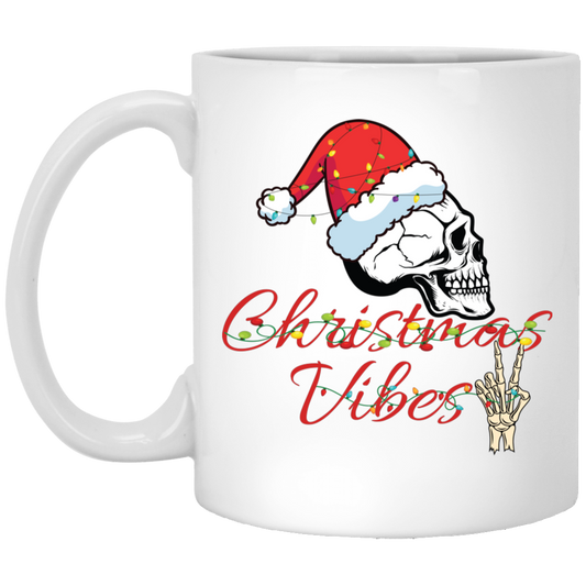 Christmas Vibes, Skull In Christmas, Skull Wear Christmas Hat, Merry Christmas, Trendy Christmas White Mug