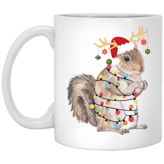 Squirrel Christmas, Merry Christmas, Christmas Lights, Funny Squirrel White Mug