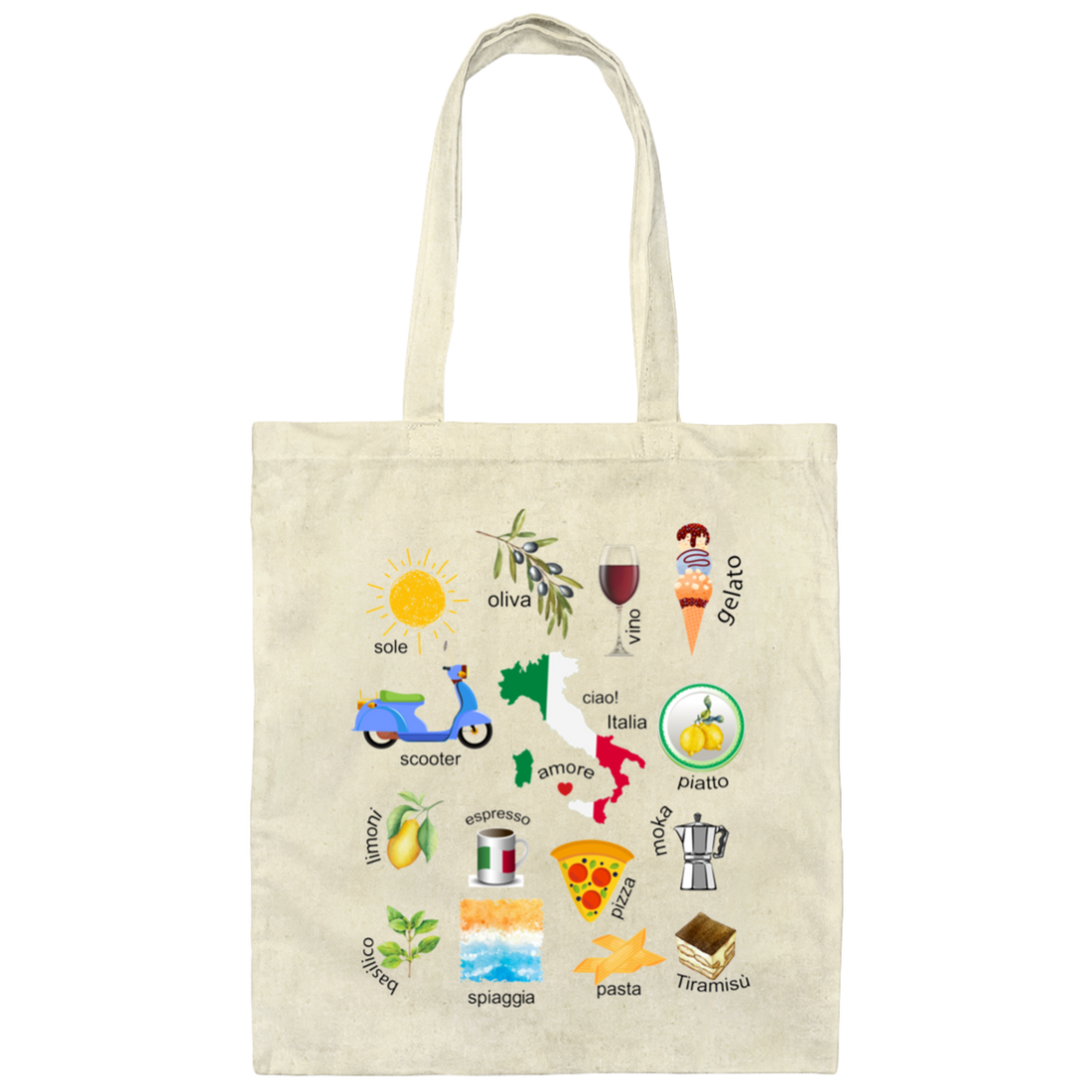 Love Italy, Pizza, Scooter, Wine Italy, Moka, Beach Canvas Tote Bag