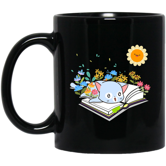 Cute Cat In Spring, Cat With Book Under The Sun Black Mug