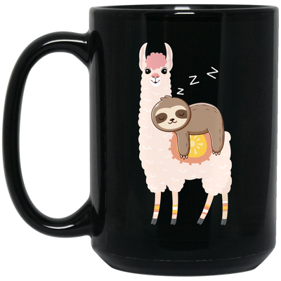 Sloth Laying On Llama, Sloth Sleeping, Cute Llama Black Mug